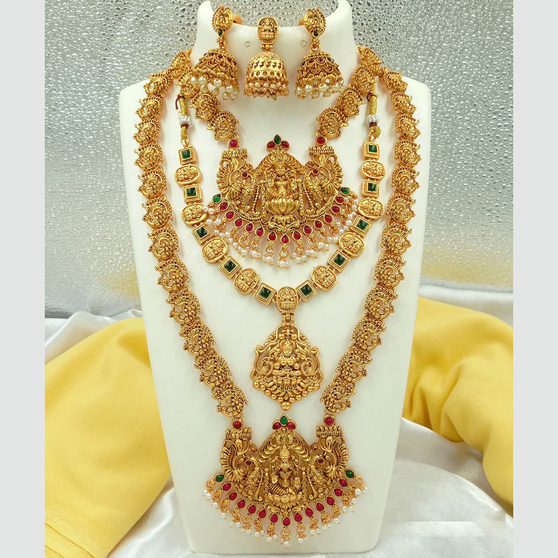 Joyful Jewel Art Matte Gold Plated Pota Stone Long Temple Necklace Combo