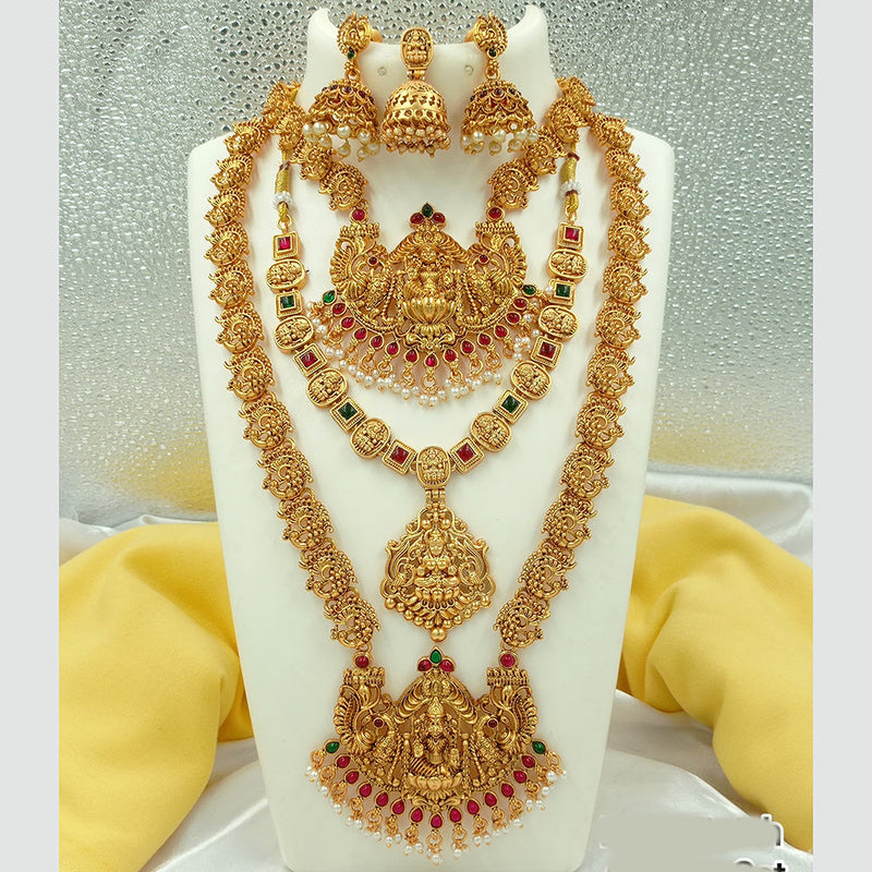 Joyful Jewel Art Matte Gold Plated Pota Stone Long Temple Necklace Combo