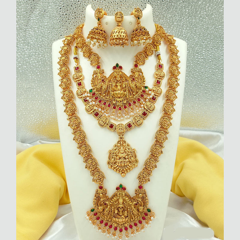 Joyful Jewel Art Matte Gold Plated Pota Stone Long Temple Necklace Combo