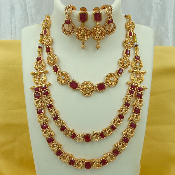 Joyful Jewel Art Matte Gold Plated Pota Stone Long Temple Necklace Combo