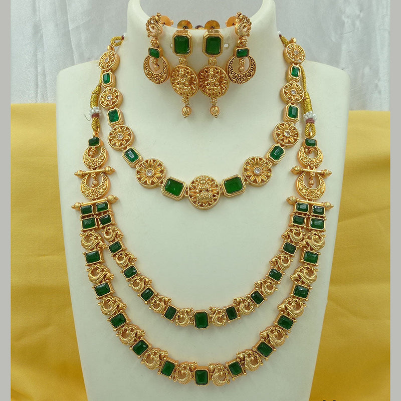 Joyful Jewel Art Matte Gold Plated Pota Stone Long Temple Necklace Combo