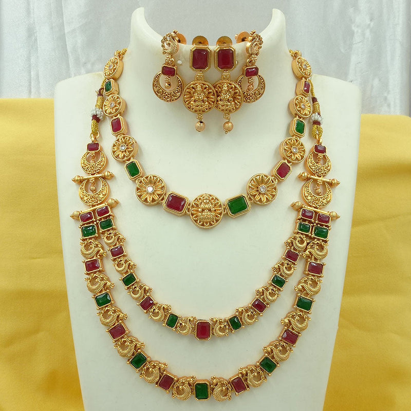 Joyful Jewel Art Matte Gold Plated Pota Stone Long Temple Necklace Combo