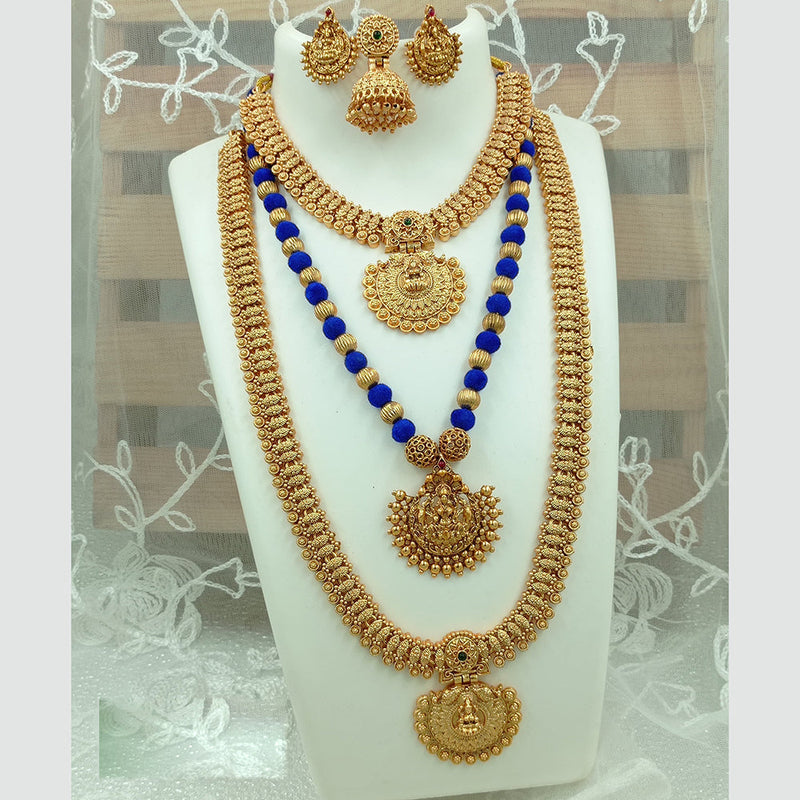 Joyful Jewel Art Matte Gold Plated Pota Stone Long Temple Necklace Combo