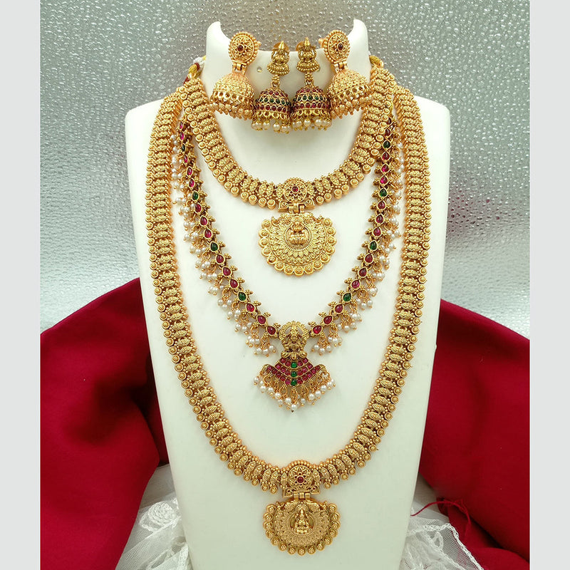 Joyful Jewel Art Matte Gold Plated Pota Stone Long Temple Necklace Combo