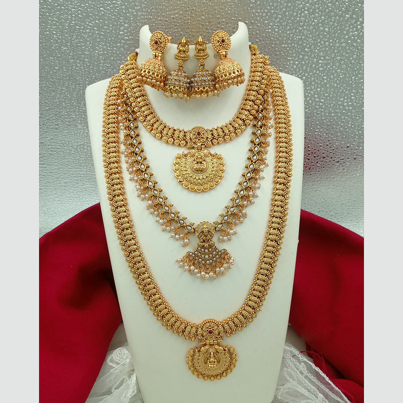 Joyful Jewel Art Matte Gold Plated Pota Stone Long Temple Necklace Combo