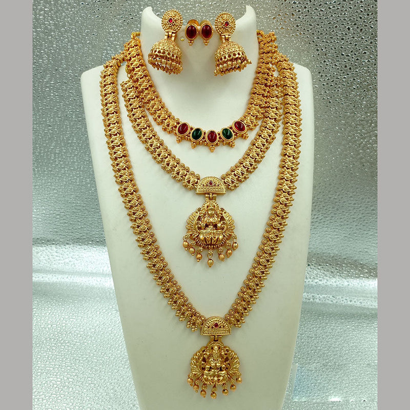 Joyful Jewel Art Matte Gold Plated Pota Stone Long Temple Necklace Combo