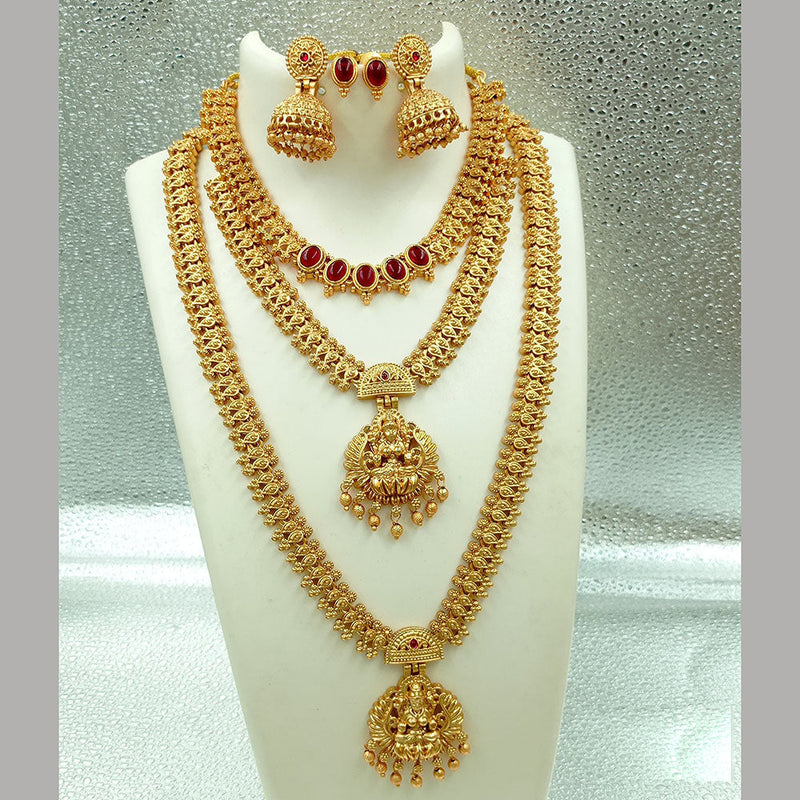 Joyful Jewel Art Matte Gold Plated Pota Stone Long Temple Necklace Combo