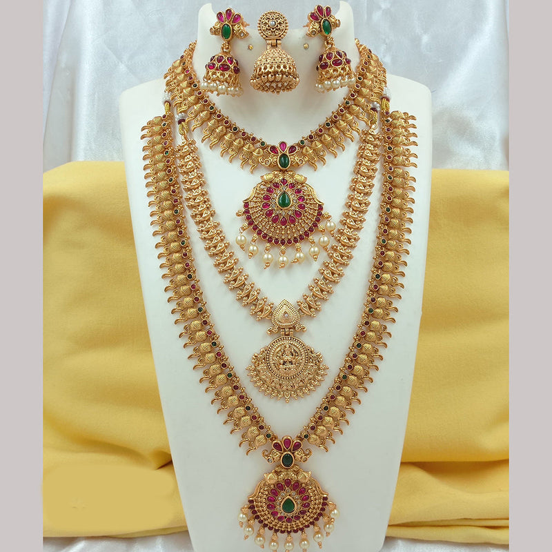 Joyful Jewel Art Matte Gold Plated Pota Stone Temple Long Necklace Combo