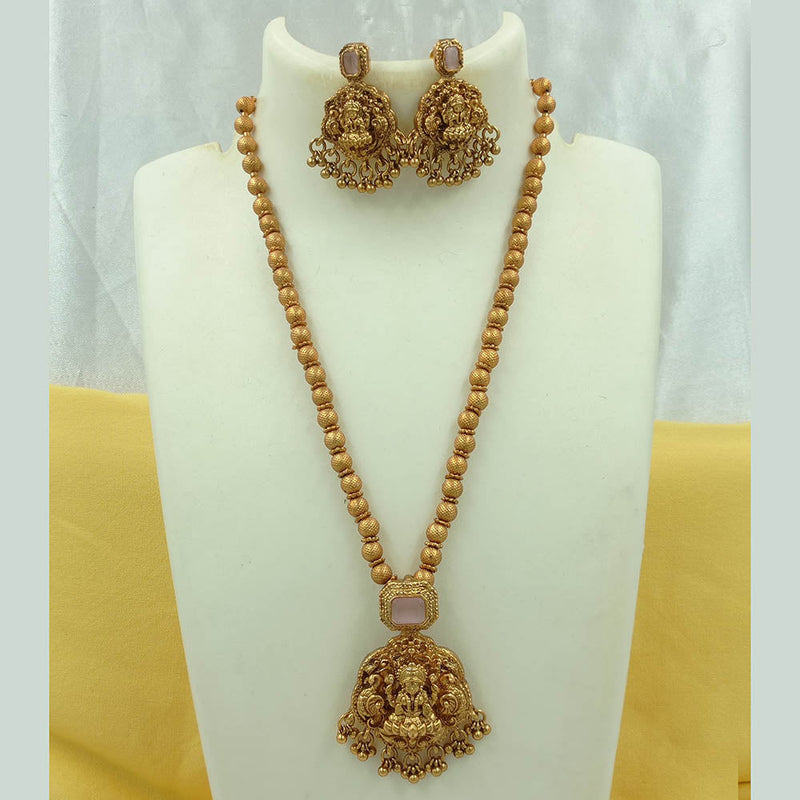 Joyful Jewel Art Matte Gold Plated Crystal Stone And Temple Long Necklace Set