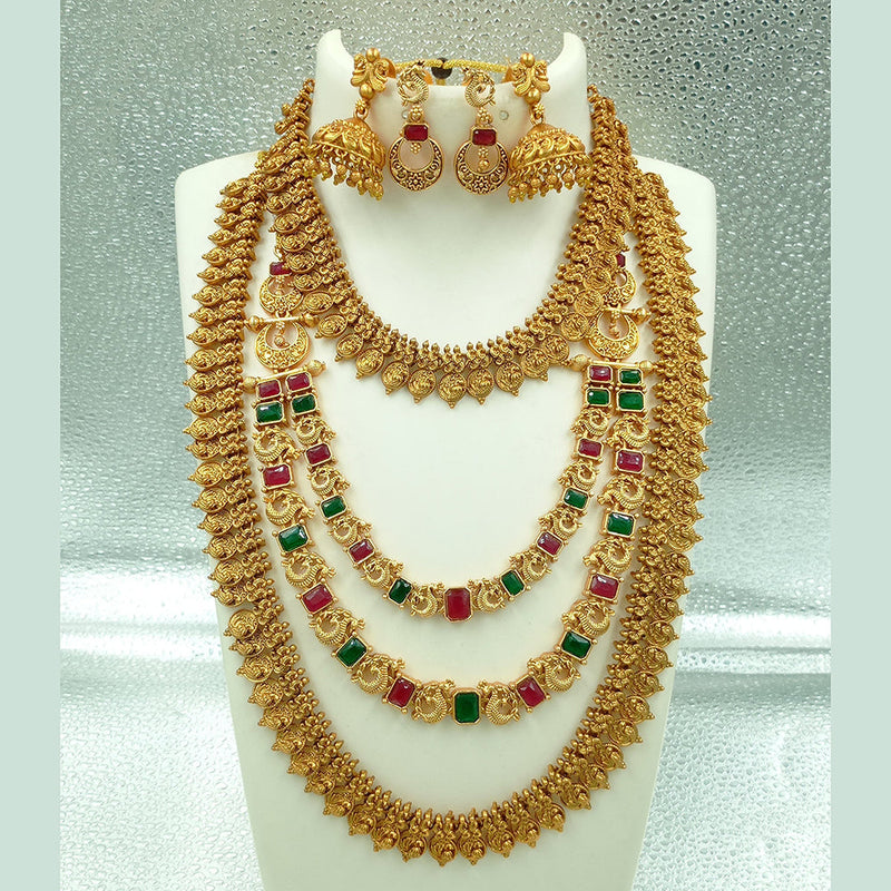 Joyful Jewel Art Matte Gold Plated Pota Stone Temple Long Necklace Combo