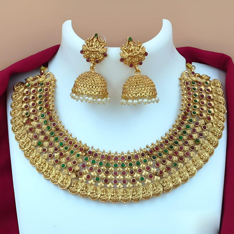 Joyful Jewel Art Matte Gold Plated Pota Stone Temple Necklace Set