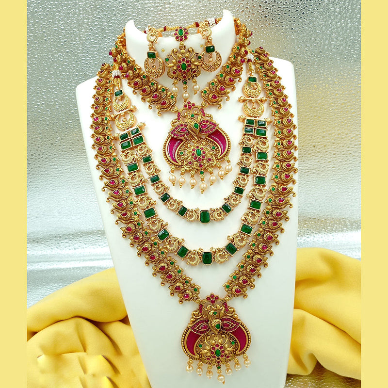 Joyful Jewel Art Matte Gold Plated Pota Stone Temple Long Necklace Combo