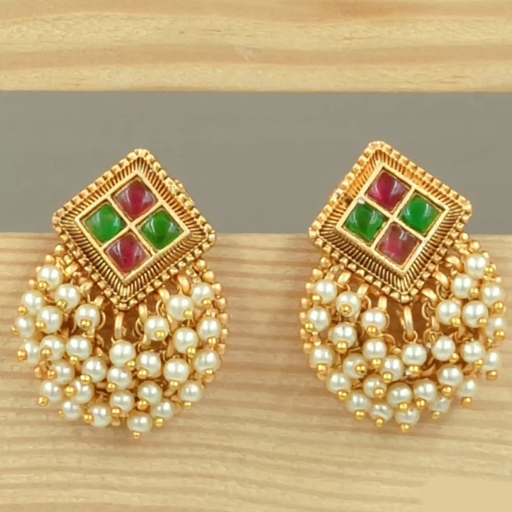 Joyful Jewel Art Matte Gold Plated Pota Stone And Pearl Dangler Earrings