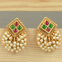 Joyful Jewel Art Matte Gold Plated Pota Stone And Pearl Dangler Earrings