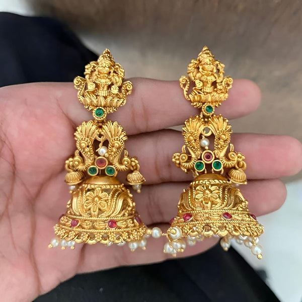 Joyful Jewel Art Matte Gold Plated Pota Stone Temple Jhumki Earrings