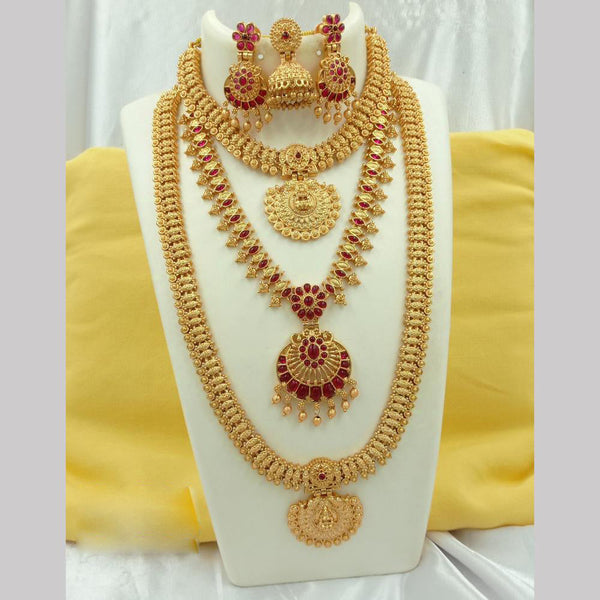 Joyful Jewel Art Matte Gold Plated Pota Stone Temple Long Necklace Combo