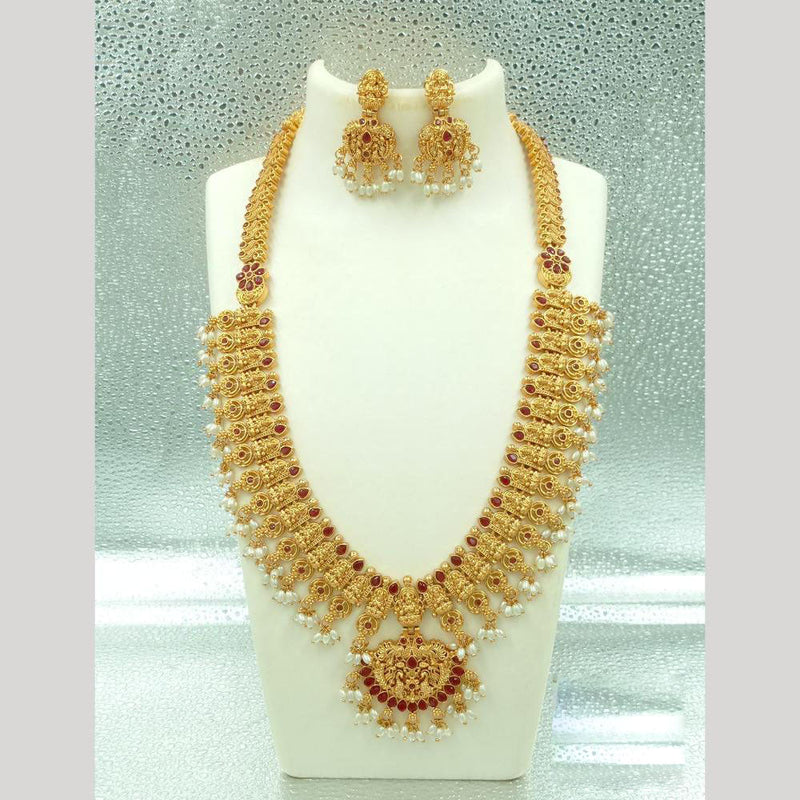 Joyful Jewel Art Matte Gold Plated Pota Stone And Temple Long Necklace Set