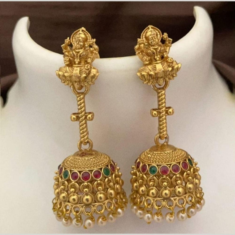 Joyful Jewel Art Matte Gold Plated Pota Stone Temple Jhumki Earrings