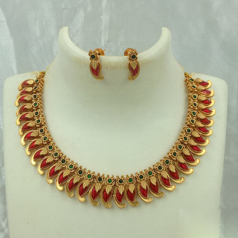 Joyful Jewel Art Matte Gold Plated Pota Stone Meenakari Necklace Set