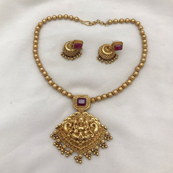 Joyful Jewel Art Matte Gold Plated Pota Stone Temple Necklace Set