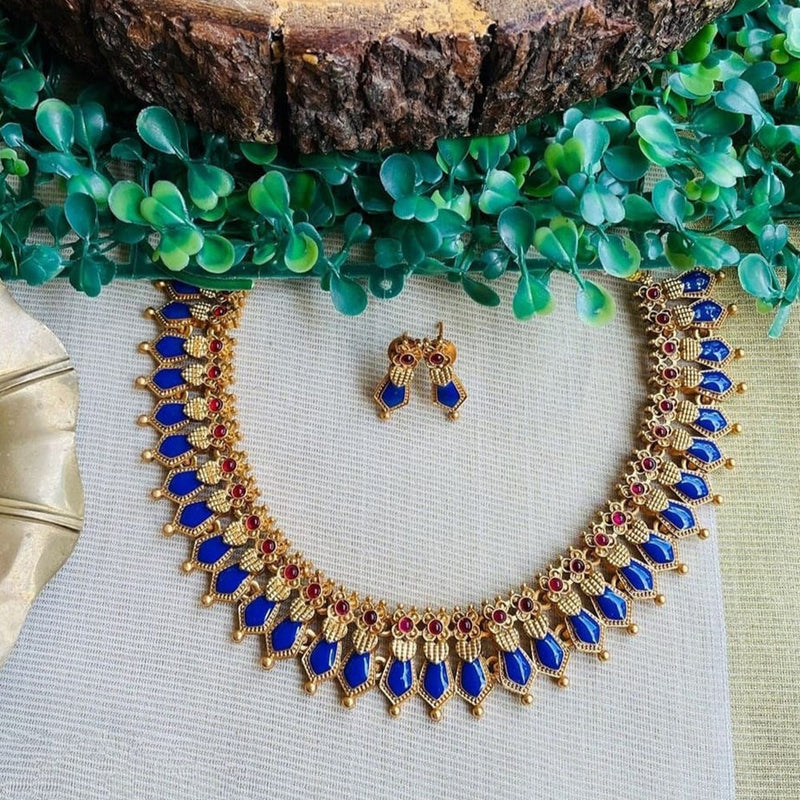 Joyful Jewel Art Matte Gold Plated Pota Stone And Meenakari Necklace Set