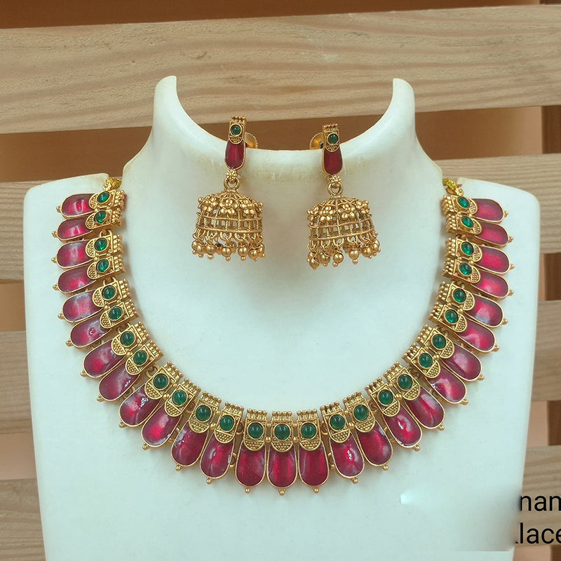 Joyful Jewel Art Matte Gold Plated Pota Stone And Meenakari Necklace Set