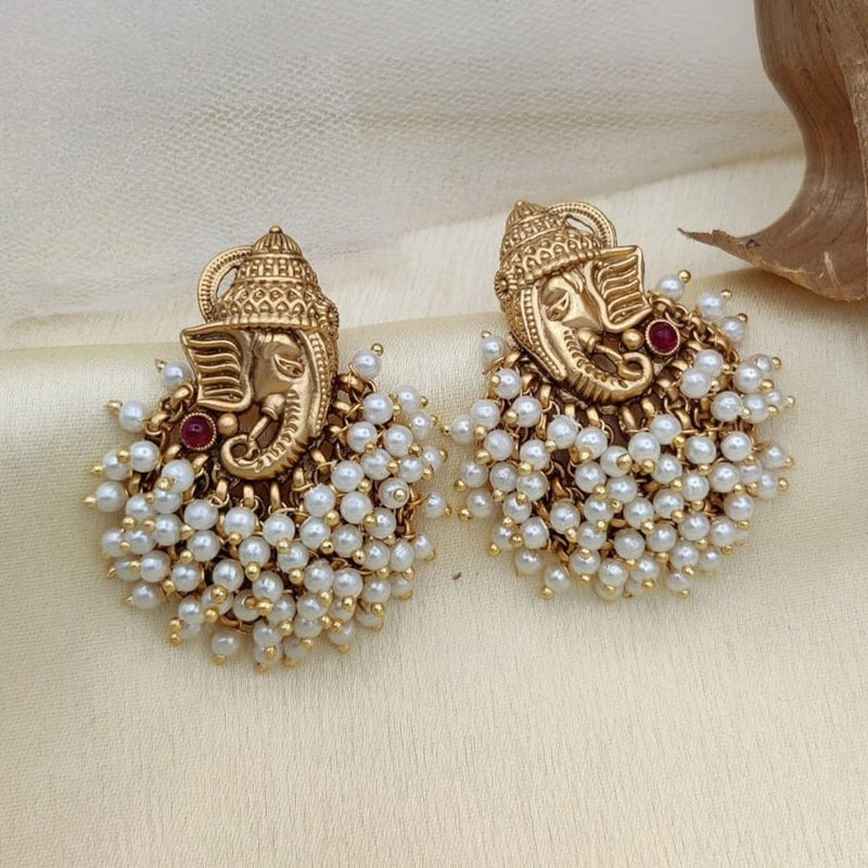 Joyful Jewel Art Matte Gold Plated Pota Stone And Pearl Lord Ganesha Dangler Earrings