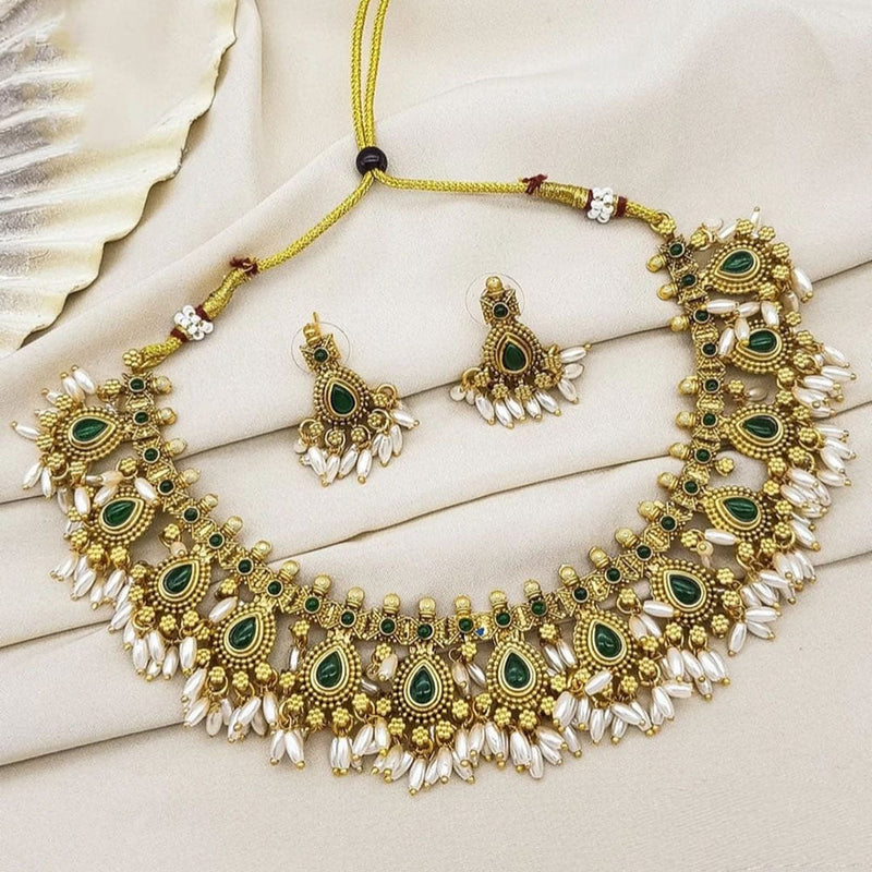 Joyful Jewel Art Matte Gold Plated Pota Stone And Pearls Necklace Set