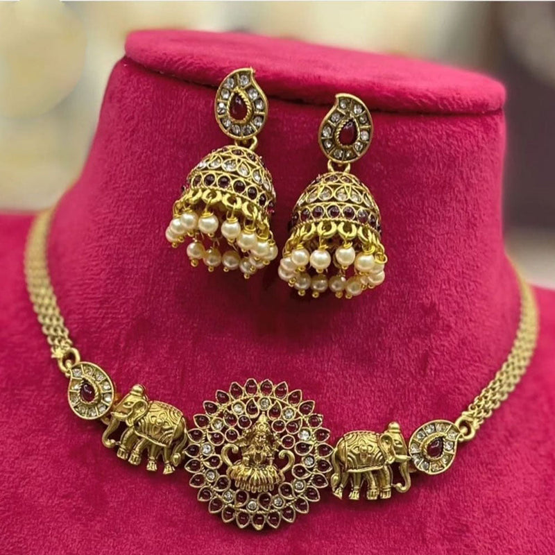 Joyful Jewel Art Matte Gold Plated Pota Stone Temple Necklace Set