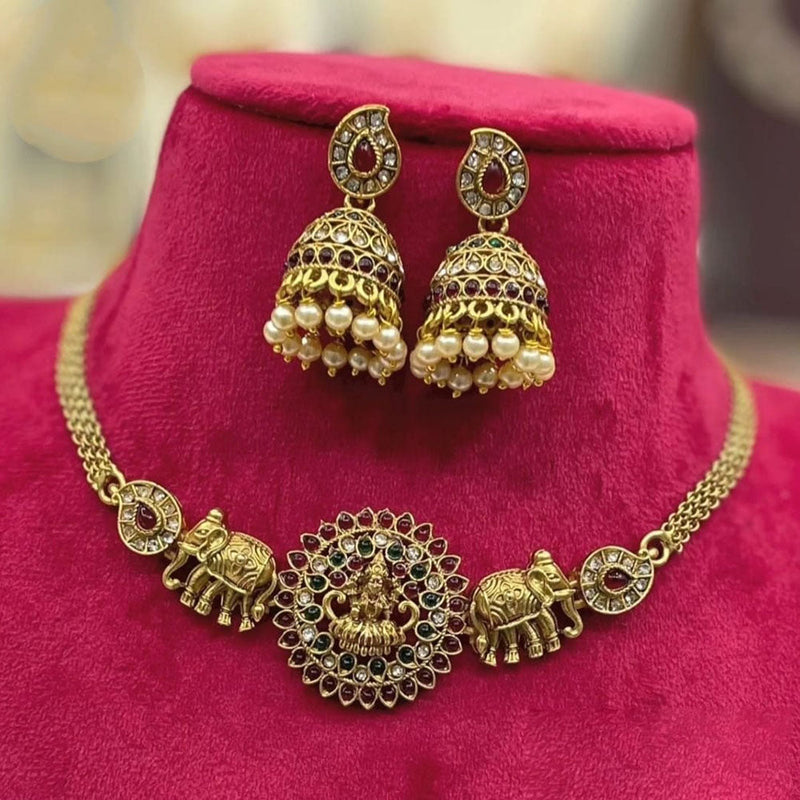 Joyful Jewel Art Matte Gold Plated Pota Stone Temple Necklace Set