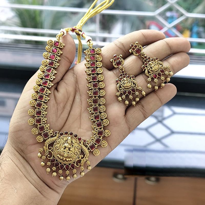 Joyful Jewel Art Matte Gold Plated Pota Stone Temple Necklace Set