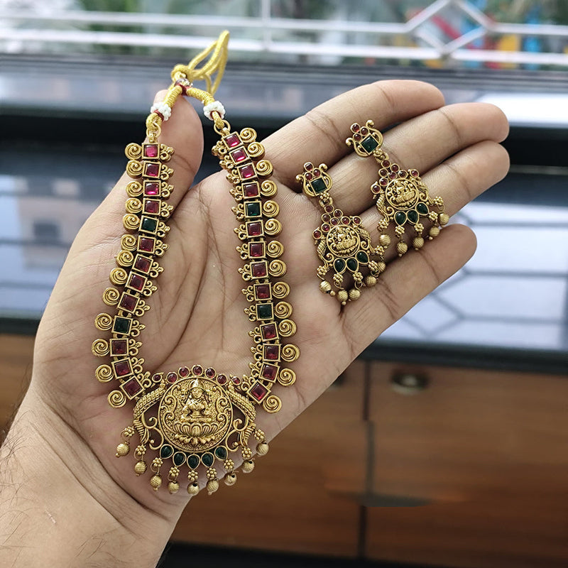 Joyful Jewel Art Matte Gold Plated Pota Stone Temple Necklace Set