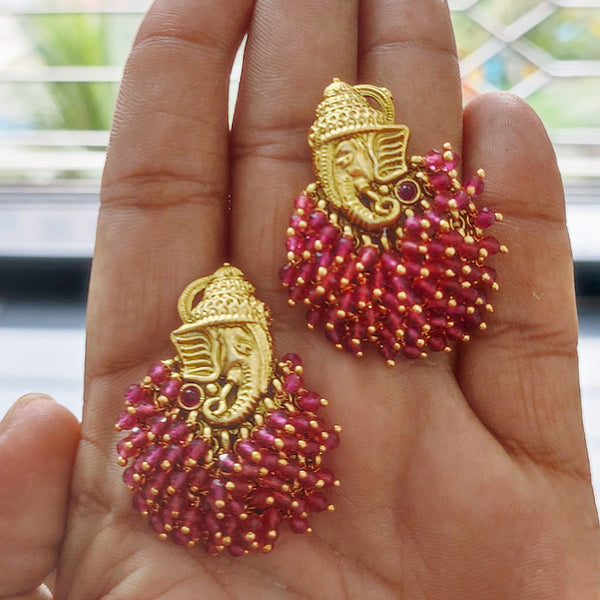 Joyful Jewel Art Matte Gold Plated Pota Stone And Pearl Lord Ganesha Dangler Earrings