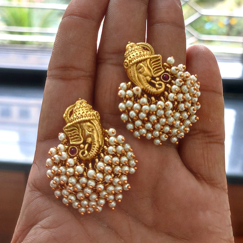 Joyful Jewel Art Matte Gold Plated Pota Stone And Pearl Lord Ganesha Dangler Earrings