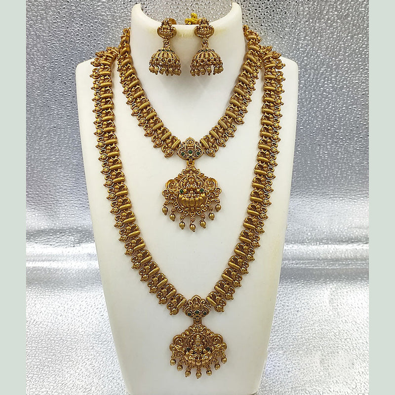 Joyful Jewel Art Matte Gold Plated Pota Stone Temple Double Necklace Set