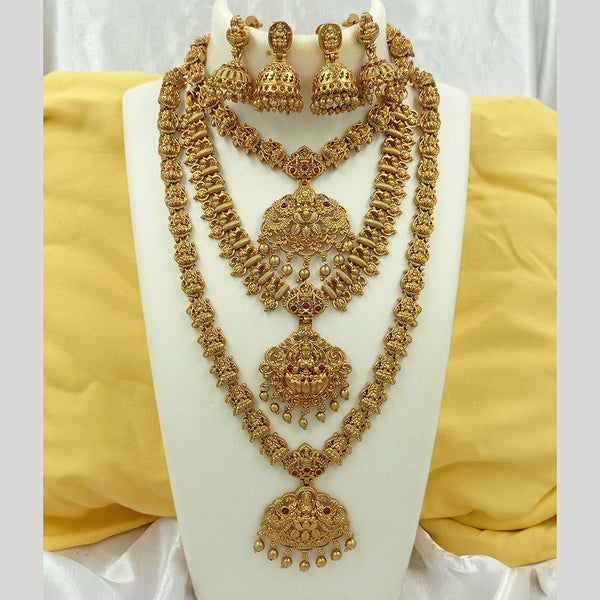 Joyful Jewel Art Matte Gold Plated Pota Stone Temple Double Necklace Set