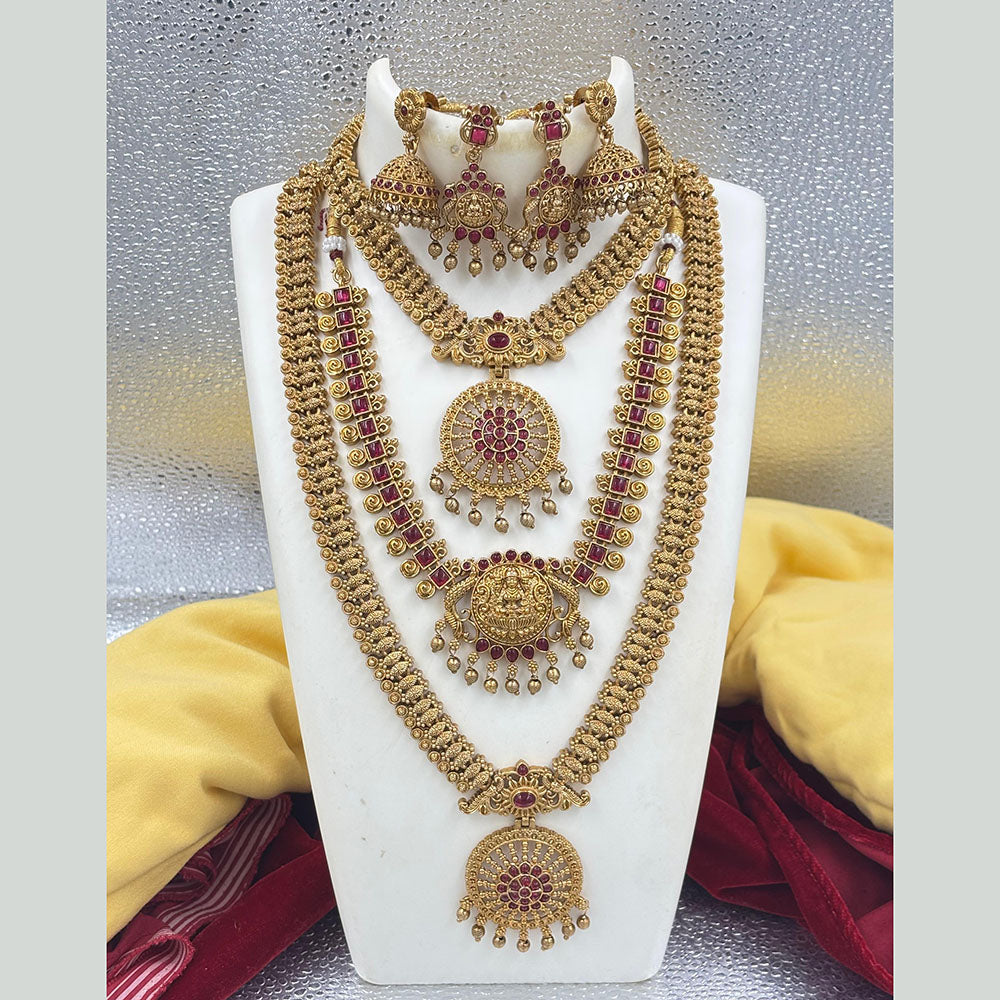 Joyful Jewel Art Matte Gold Plated Pota Stone Temple Combo Necklace Set