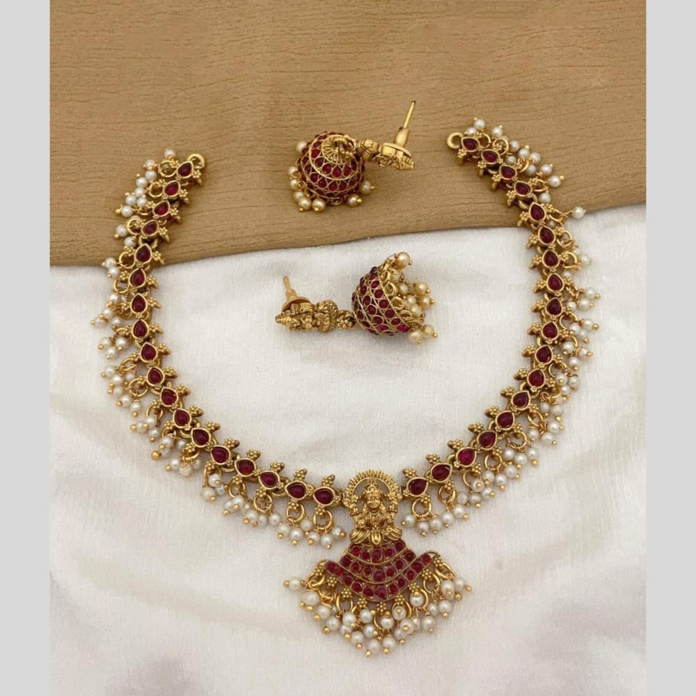 Joyful Jewel Art Matte Gold Plated Pota Stone And Pearls Temple Necklace Set