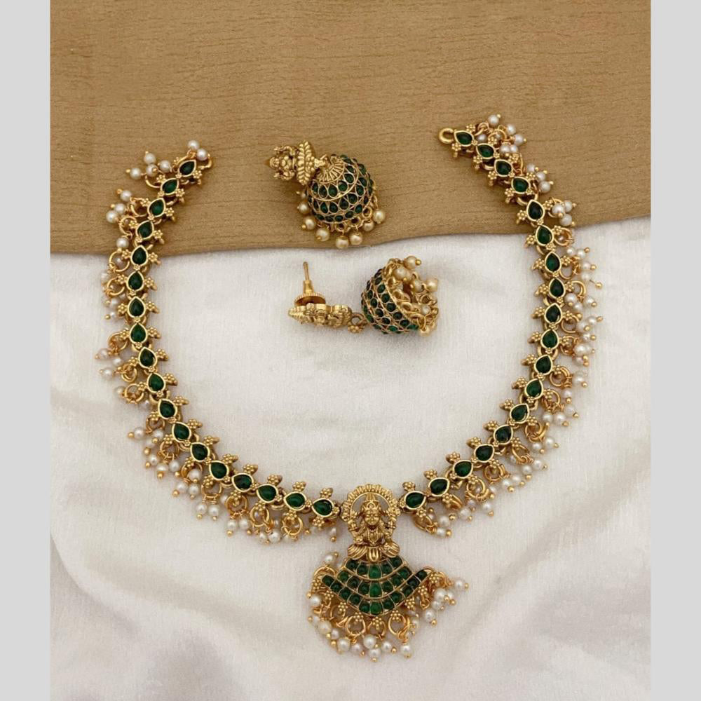 Joyful Jewel Art Matte Gold Plated Pota Stone And Pearls Temple Necklace Set