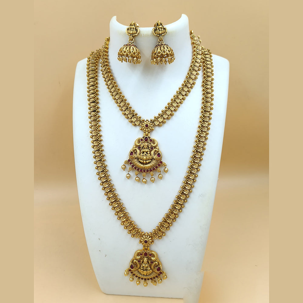 Joyful Jewel Art Matte Gold Plated Pota Stone And Pearls TempleDouble Necklace Set