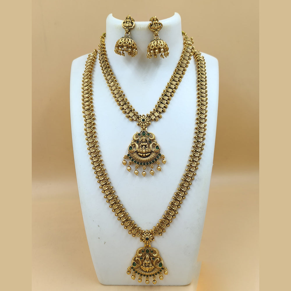 Joyful Jewel Art Matte Gold Plated Pota Stone And Pearls TempleDouble Necklace Set