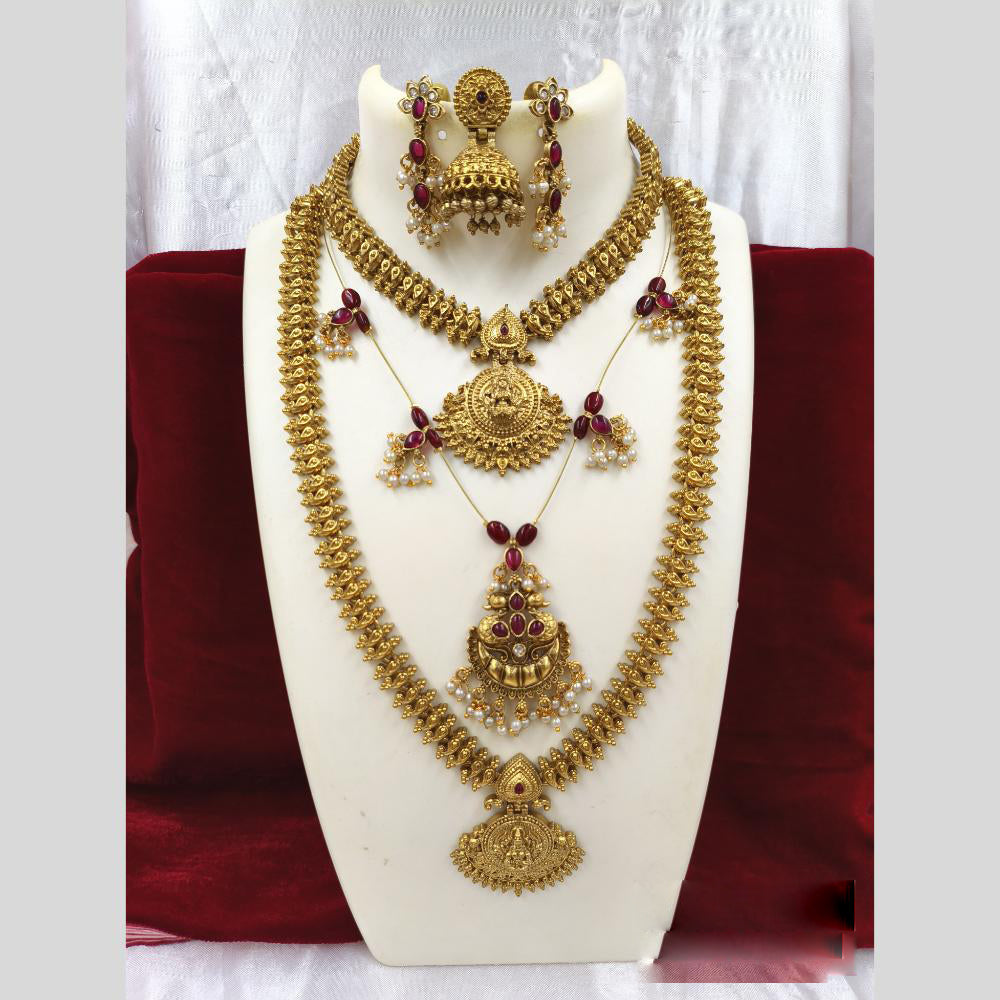 Joyful Jewel Art Matte Gold Plated Pota Stone And Pearls Temple Combo Necklace Set