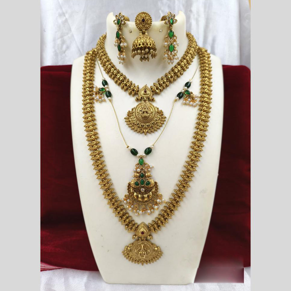 Joyful Jewel Art Matte Gold Plated Pota Stone And Pearls Temple Combo Necklace Set