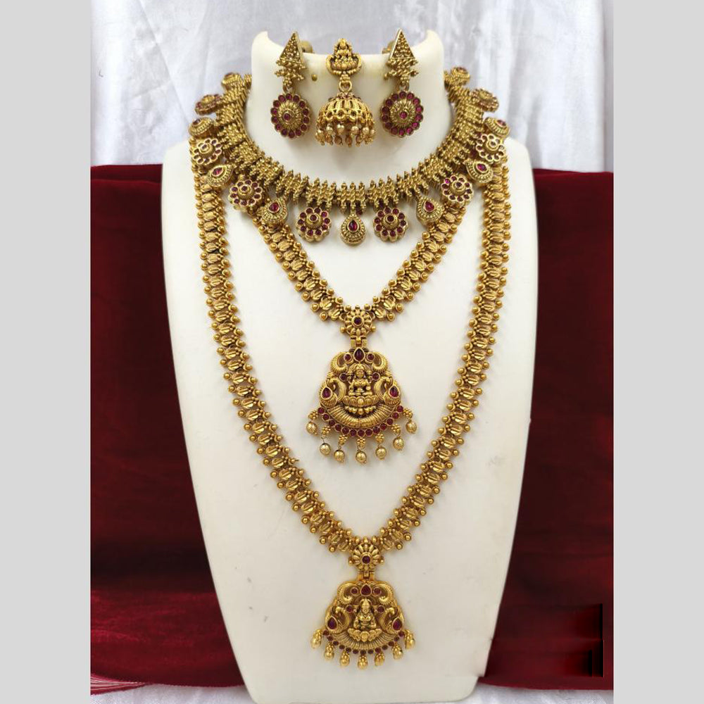 Joyful Jewel Art Matte Gold Plated Pota Stone And Pearls Temple Combo Necklace Set