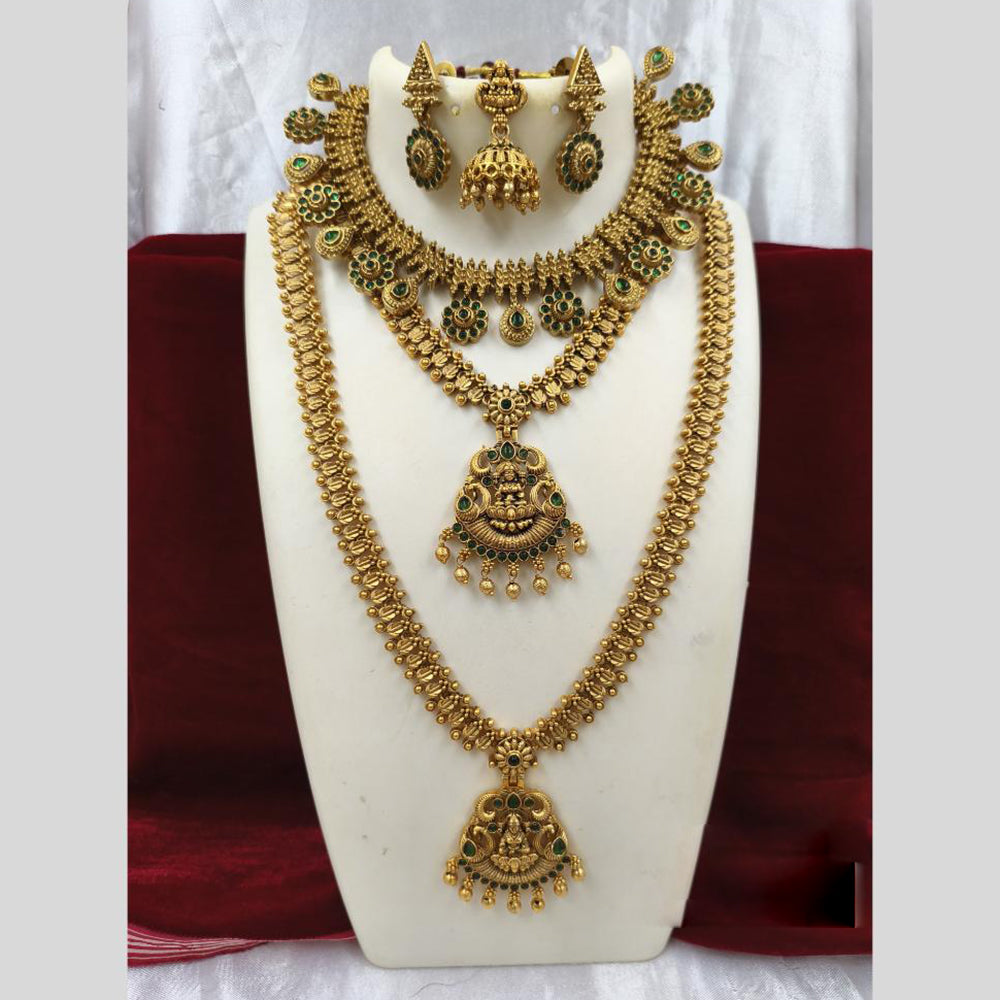 Joyful Jewel Art Matte Gold Plated Pota Stone And Pearls Temple Combo Necklace Set