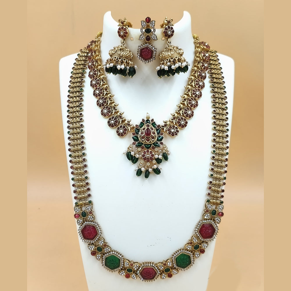 Joyful Jewel Royal Radiance Art Matte Gold Plated Pota Stone & Kundan Double Necklace Set