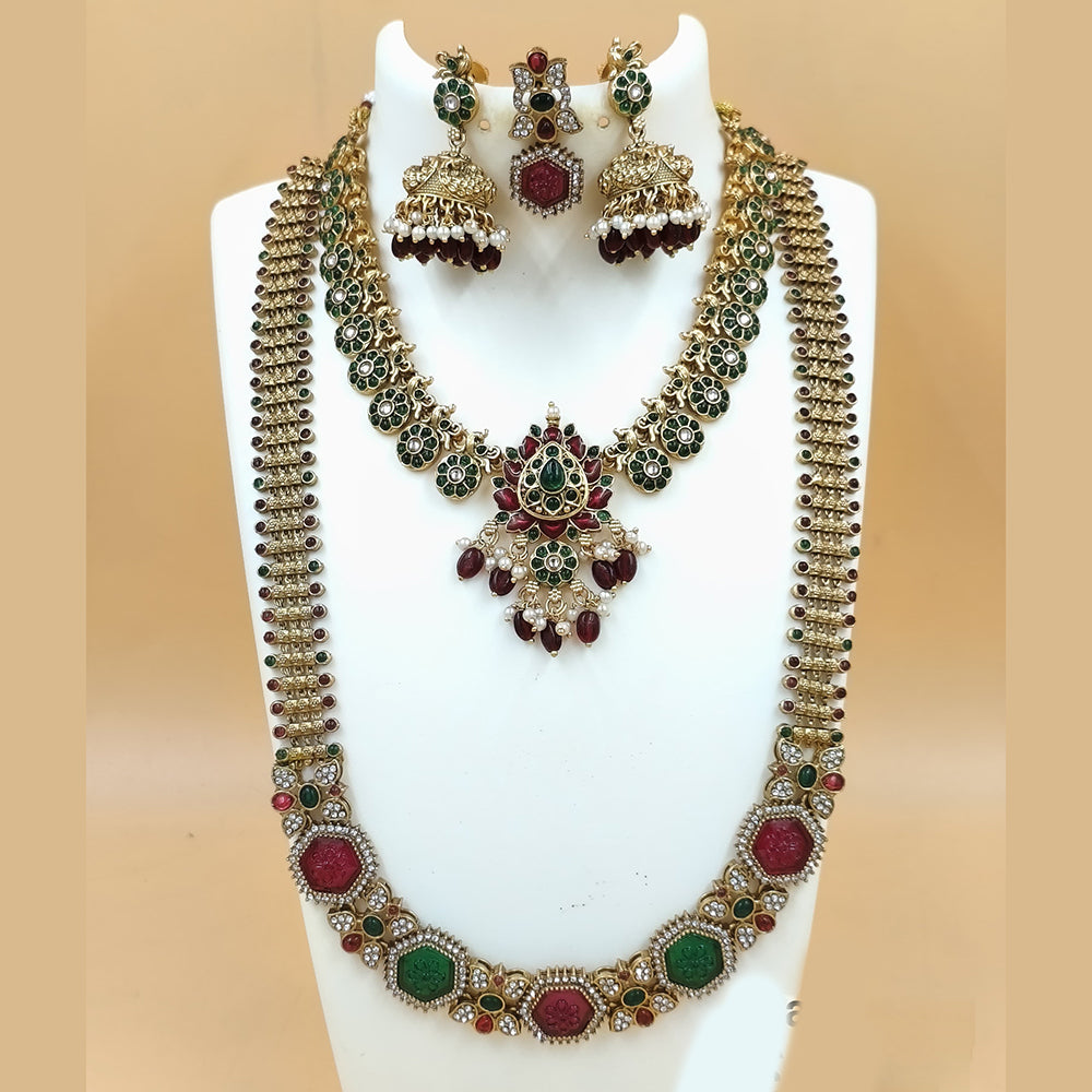 Joyful Jewel Royal Radiance Art Matte Gold Plated Pota Stone & Kundan Double Necklace Set