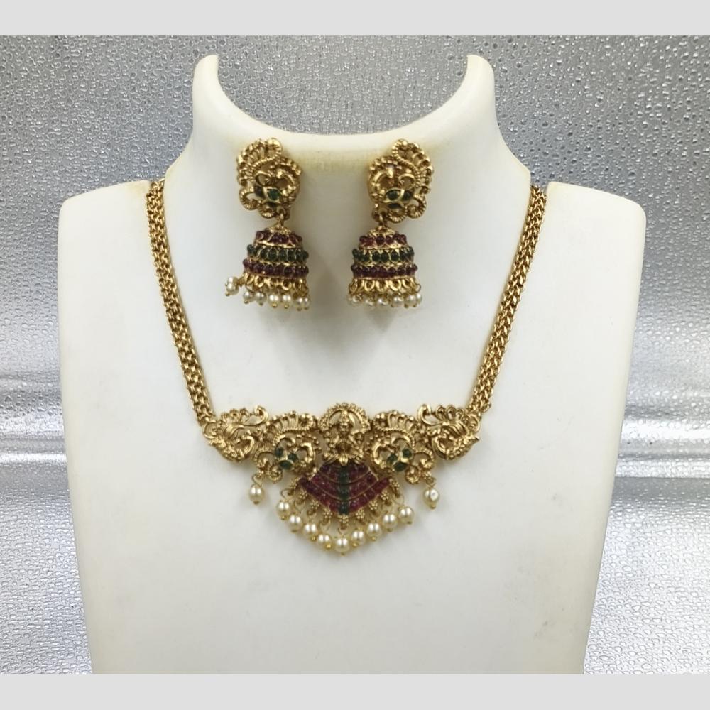 Joyful Jewel Art Matte Gold Plated Pota Stone And Pearl Temple Necklace Set
