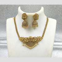 Joyful Jewel Art Matte Gold Plated Pota Stone And Pearl Temple Necklace Set