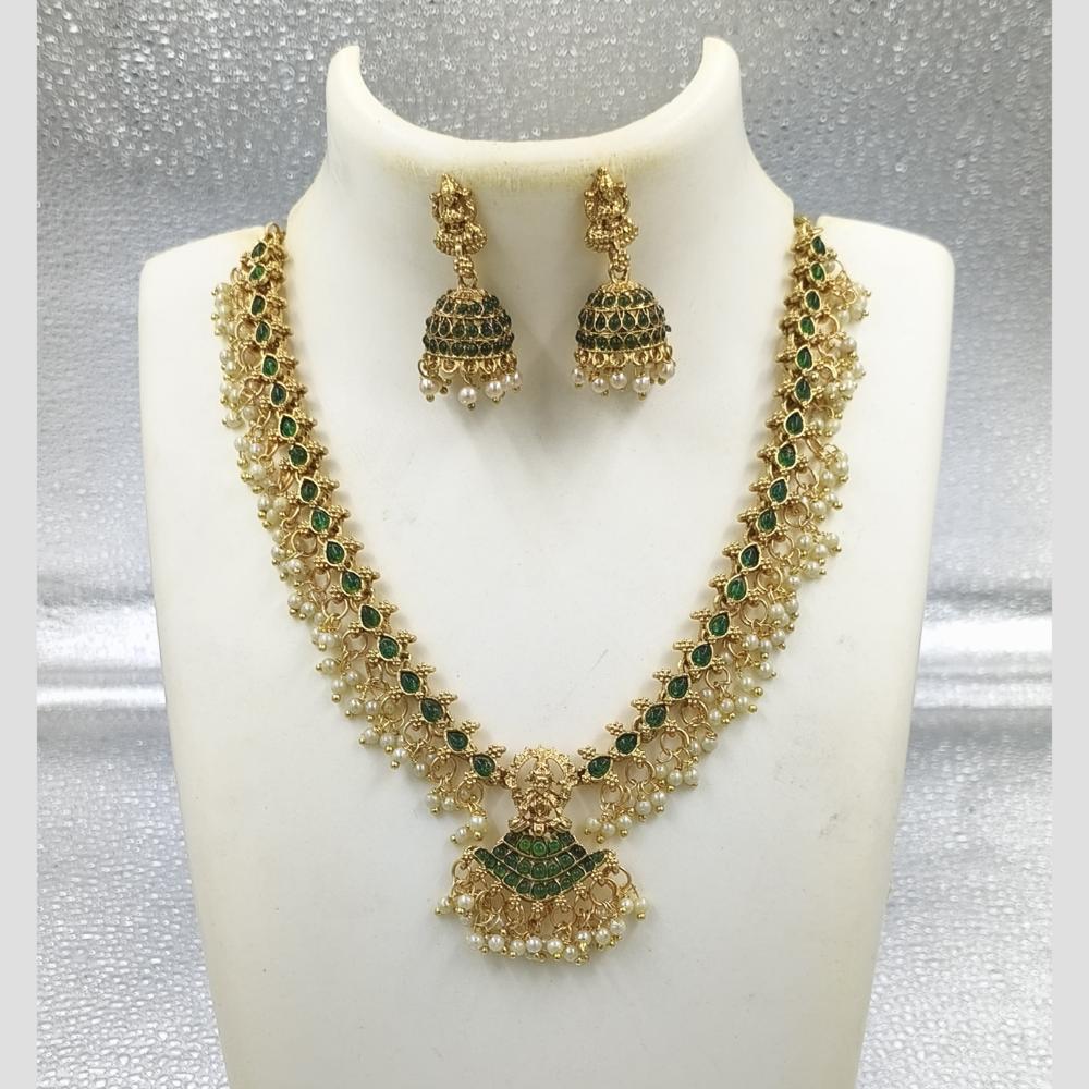 Joyful Jewel Art Matte Gold Plated Pota Stone And Pearl Temple Necklace Set